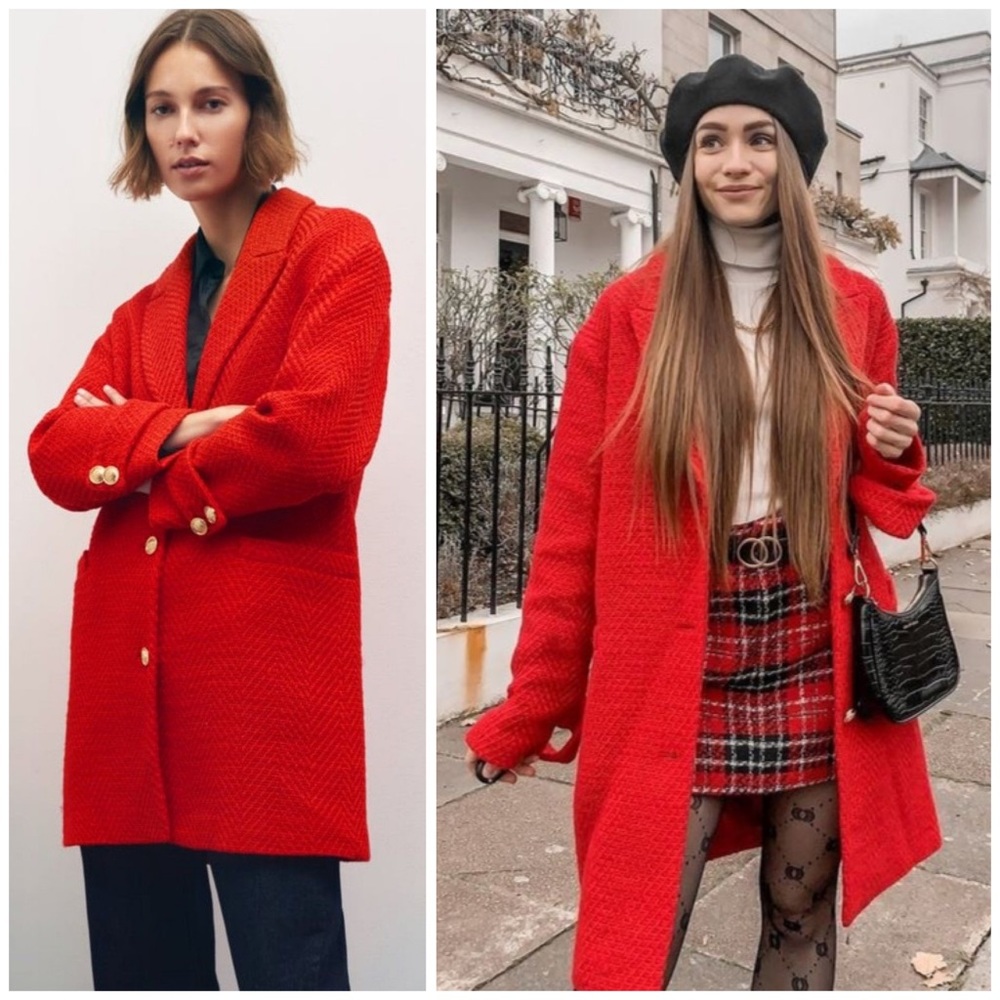 Zara Textured Tweed Coat Gold Buttons Oversized Jacket Red BLOGGER FAVORITE